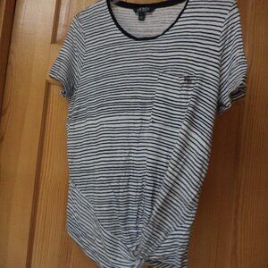 LAUREN T-Shirt ~White with Black Stripes + Knot at Waist ~ Size: L